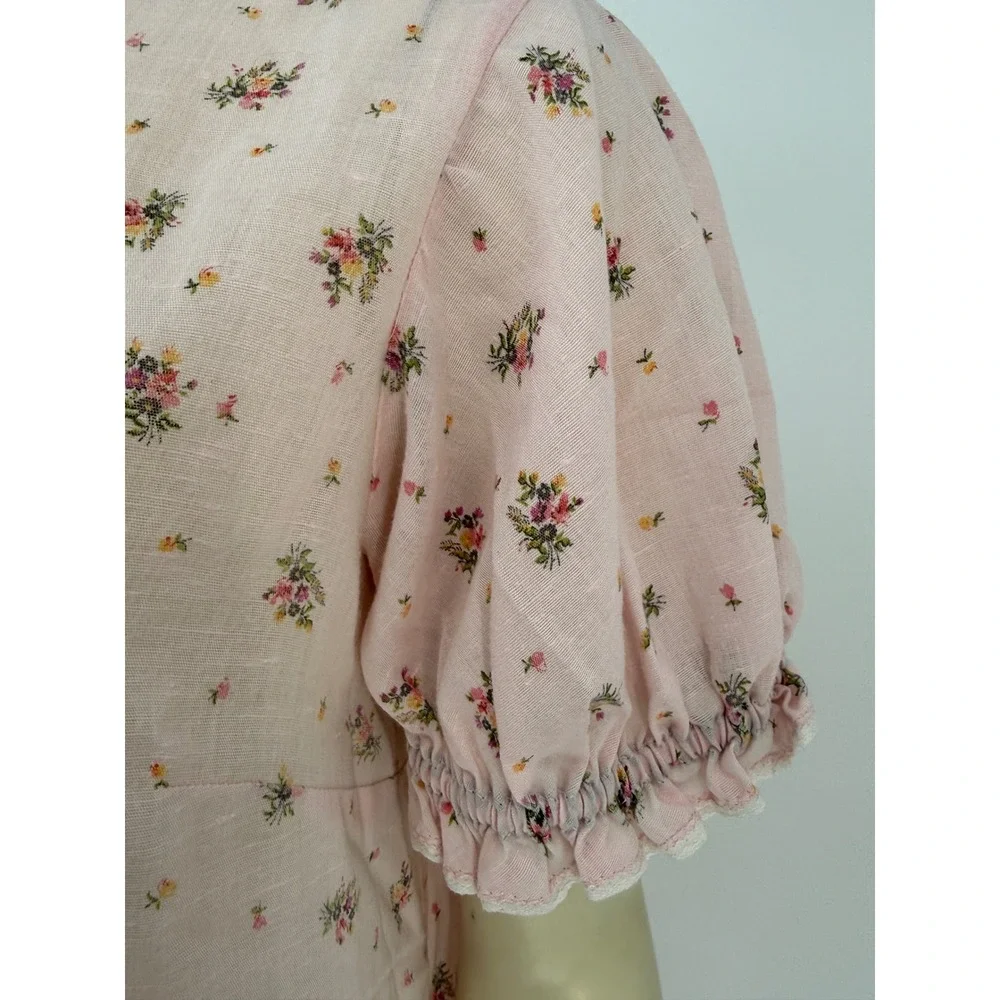 Vintage 1950s‎ Handmade Pink Floral Cotton Puff Sleeve House Robe Semi Sheer
